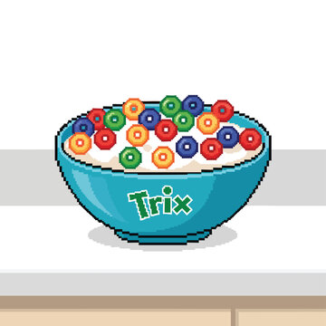 Pixel art bowl of colorful Trix cereal with milk.