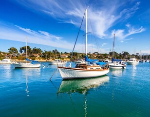 Calm harbor with sailboats under a vibrant blue sky