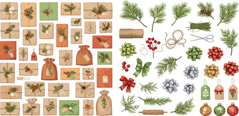 Sustainable Christmas. Zero waste, eco-friendly packaging gifts. Wrapping present boxes with kraft paper, pine branches, twine ribbon, wood toys, dry orange.