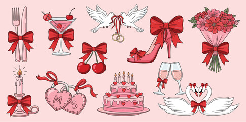 Wedding line art illustrations in doodle ink style. Elegant just married party hand drawn elements. Dinner icons.