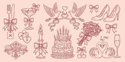 Wedding line art illustrations in doodle ink style. Dinner icons. Elegant just married party hand drawn elements