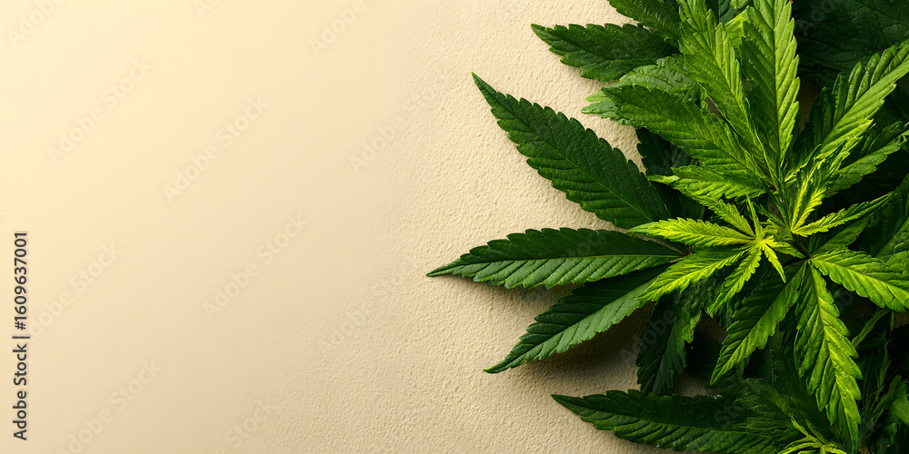 Poster green cannabis leaves arranged on the right side of a light cream background creating space for text