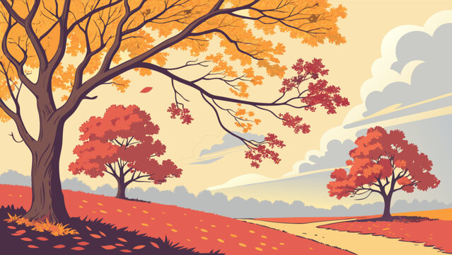 Beautiful autumn landscape illustration with fall trees and leaves vector background design art