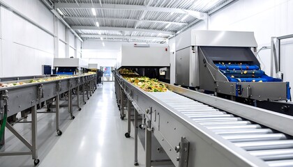 Industrial food processing facility with multiple conveyor belts.  Automated sorting and handling of produce.  Stainless steel equipment in a bright, spacious warehouse