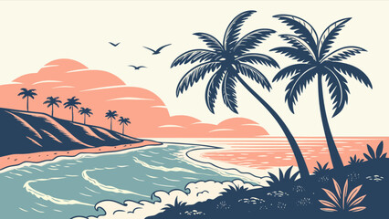 Obraz premium Tropical beach scene with palm trees ocean sunset and birds vector illustration for travel and vacation 100
