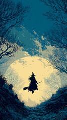 Fototapeta premium Dark Moonlit Landscape with Witch Flying on Broomstick at Night