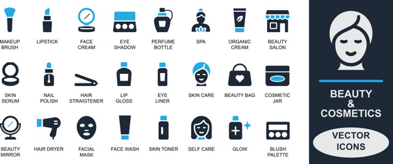 
Stylish icon set of beauty and cosmetics. Featuring beauty, makeup, skincare, lipstick, brush, cream, serum, spa, and cosmetics elements. Ideal for UI, apps, eCommerce, and salon branding.