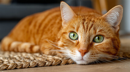 An orange cat lies on the woven carpet in front of an indoor plant and looks at me with big eyes