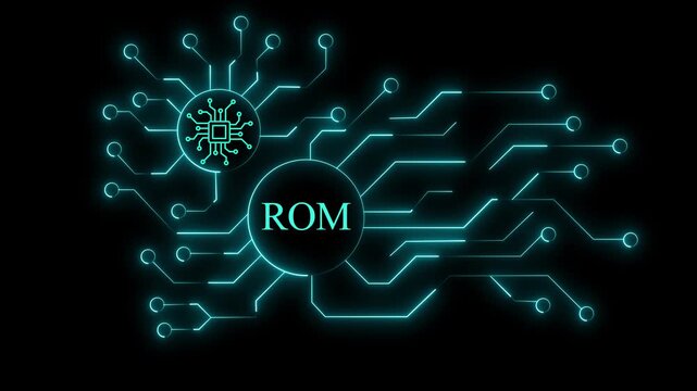 Futuristic neon circuit board technology icons - USB, BIOS, RAM digital design ,Glowing tech interface - Modern computer hardware neon elements for AI and data systems Animation,