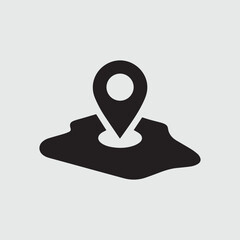 Black map pin icon on a stylized island shape against a light gray background