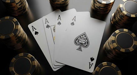 Fototapeta premium A Winning Hand of Aces with Casino Chips Stacked Around for Poker Night Thrills
