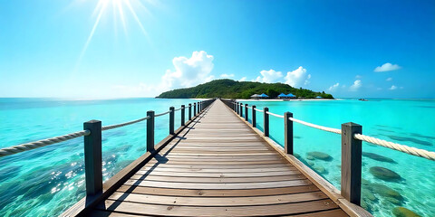 Fototapeta premium a wooden jetty or pier extending towards an island in a tropical location