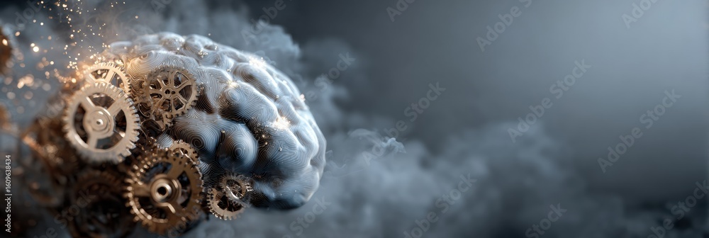 Poster innovative brain concept featuring shining gears and mechanical parts in motion with a dynamic left 