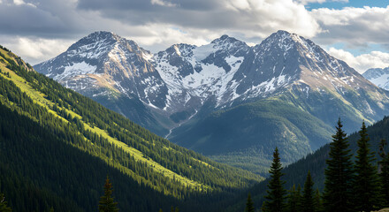 Snowcapped mountains and green forests under a cloudy sky