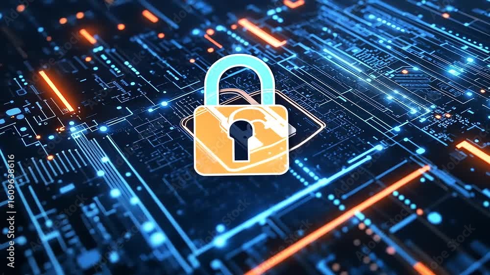 Poster digital security concept with a padlock symbol amidst a vibrant circuit board background