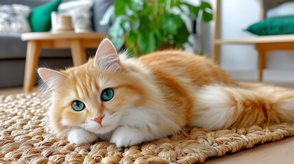 An orange cat lies on the woven carpet in front of an indoor plant and looks at me with big eyes