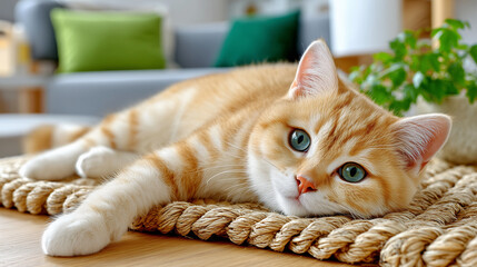 An orange cat lies on the woven carpet in front of an indoor plant and looks at me with big eyes