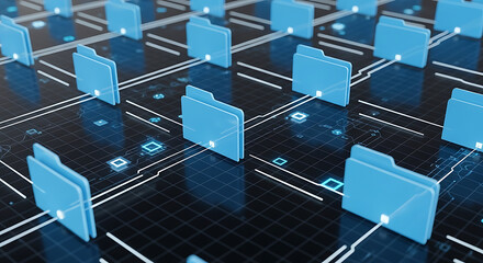 Abstract network of folders representing data transfer and storage in the cloud and digital information organization for secure file management