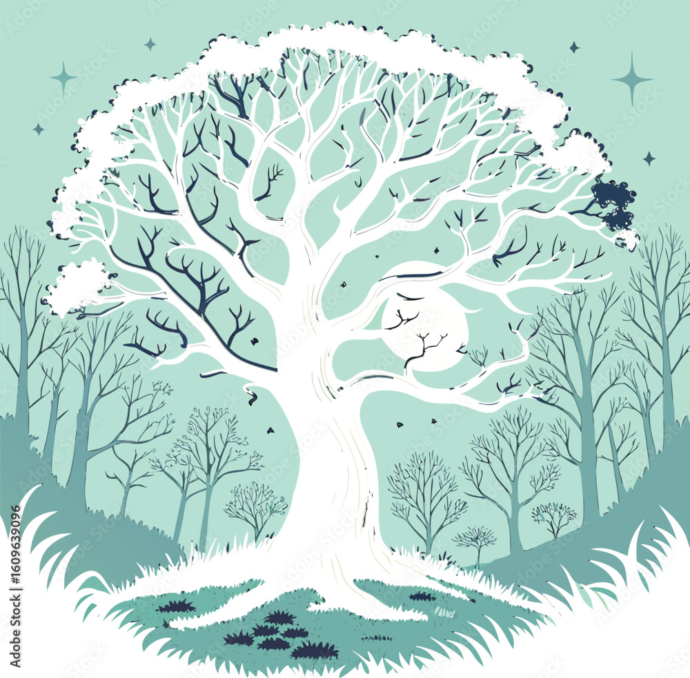 Poster vector illustration of a tree with abstract background featuring nature and seasonal elements