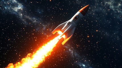 A stylized rocket ship blasting off into deep space with stars and nebulae in view