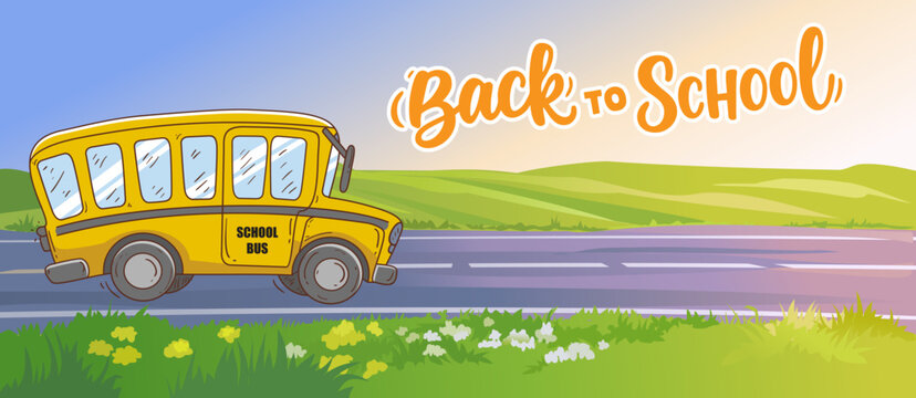 Back to School Banner with School Bus on Road – Colorful Cartoon Design for Social Media