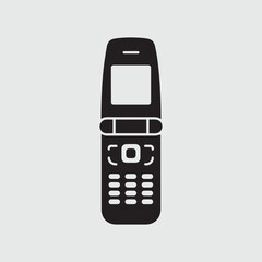 Retro flip phone icon black silhouette on gray background