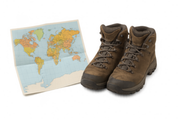 Hiking boots and folded world map on transparent background, ready for adventure