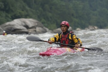 Kayaker Navigating Whitewater Rapids