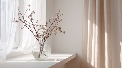 minimalist spring interior, fresh white walls, light pastel accents, blooming branches in a vase, sunlight through sheer curtains 