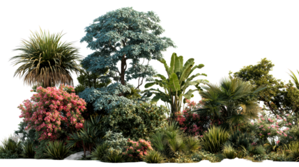 Tropical garden with vibrant plants and lush greenery in midday light