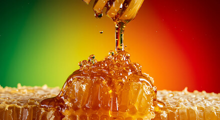Golden Honey Dripping on Honeycomb with Colorful Background
