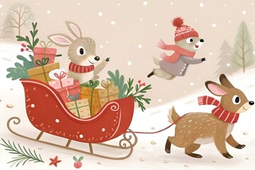 Fototapeta premium Whimsical Christmas Animal Illustration – Cute Winter Scene with Sleigh, Gifts, and Cozy Holiday Vibes