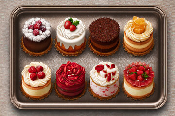 Variety of miniature cakes on a tray.