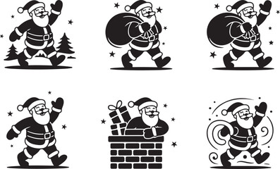Fototapeta premium Christmas Bell, snowman, santa, christmas tree Silhouette Icon Set – Festive Vector Collection with Ribbons and Stars.