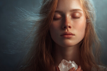 Woman meditating with closed eyes and crystal.