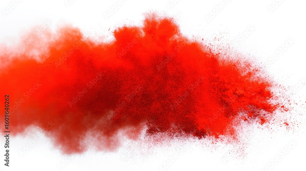 Poster vibrant red powder disperses dynamically from left to right, dense in some areas and diffuse in othe