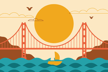 premium san francisco bridge vector design with sailboat sun and minimalist landscape