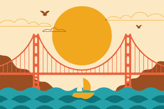 premium san francisco bridge vector design with sailboat sun and minimalist landscape