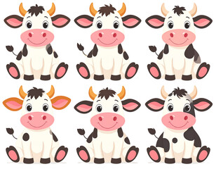 Fototapeta premium Set Cute Cartoon Cow Sitting with Big Eyes and Pink Nose, Front View, Isolated PNG