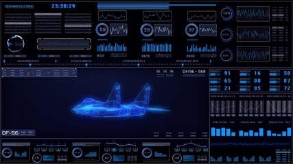 Futuristic Military Jet Wireframe on Tactical Heads-Up Display Interface with Real-Time Flight Metrics and Data Analytics Dashboard - Powered by Adobe