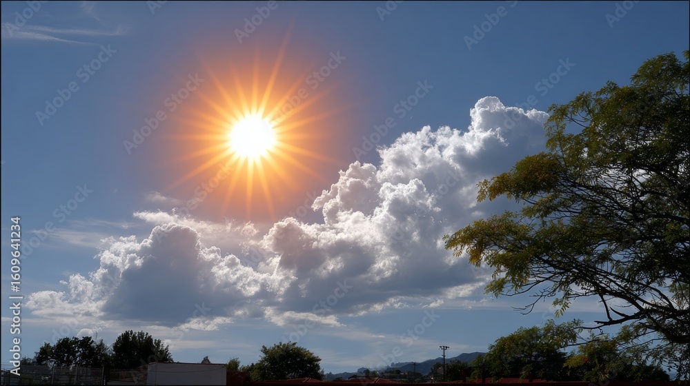 Poster the sun is shining brightly in the sky, casting a warm glow over the trees and buildings. the clouds