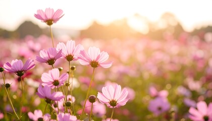 Pink cosmos flowers in a field at sunset