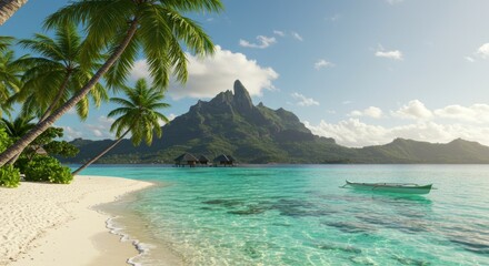Naklejka premium Tropical paradise Palm trees white sand beach turquoise water overwater bungalows and a mountain