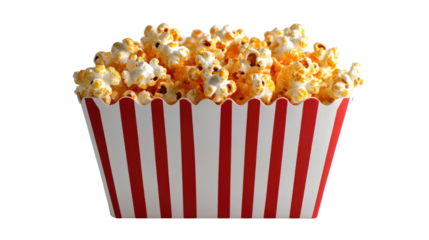 Delicious popcorn in a huge red white striped cart on white background  PNG