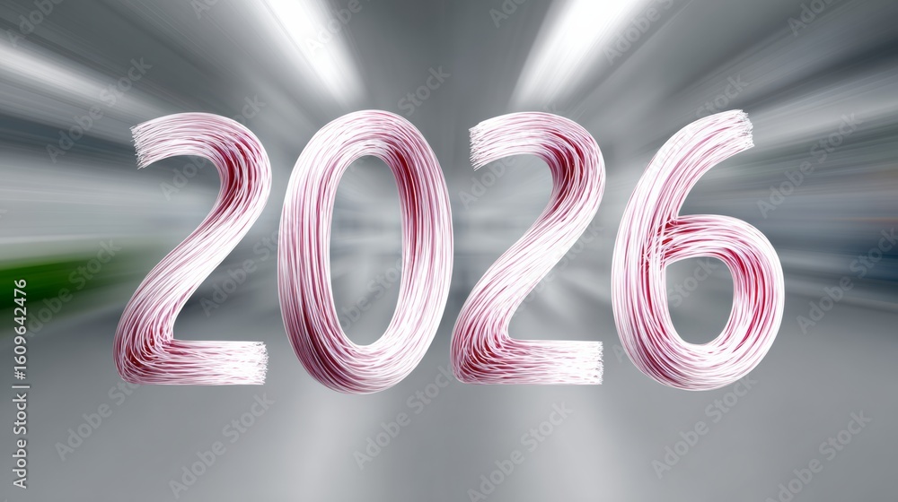 Poster the year is 2026 and it is a blurry image of the number 2026. the image has a futuristic and abstrac