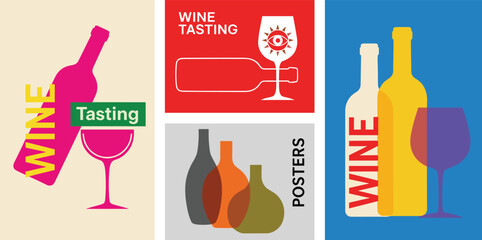 A playful set of wine posters with bright colors, modern typography, and abstract bottle and glass illustrations, perfect for wine tasting events and branding
