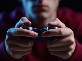 Fototapeta premium Close-up of hands playing a video game controller, intense focus. Gaming, entertainment. Dynamic lighting.