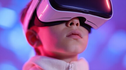 Child wearing VR headset, immersed in a futuristic virtual reality learning environment. Educational technology, wonder. Vibrant colors.