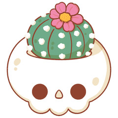Cute cactus with pink flower in skull pot, halloween decoration 