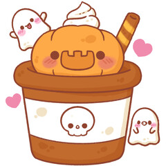 A cup of chocolate with pumpkin in halloween theme, jack-o-lantern